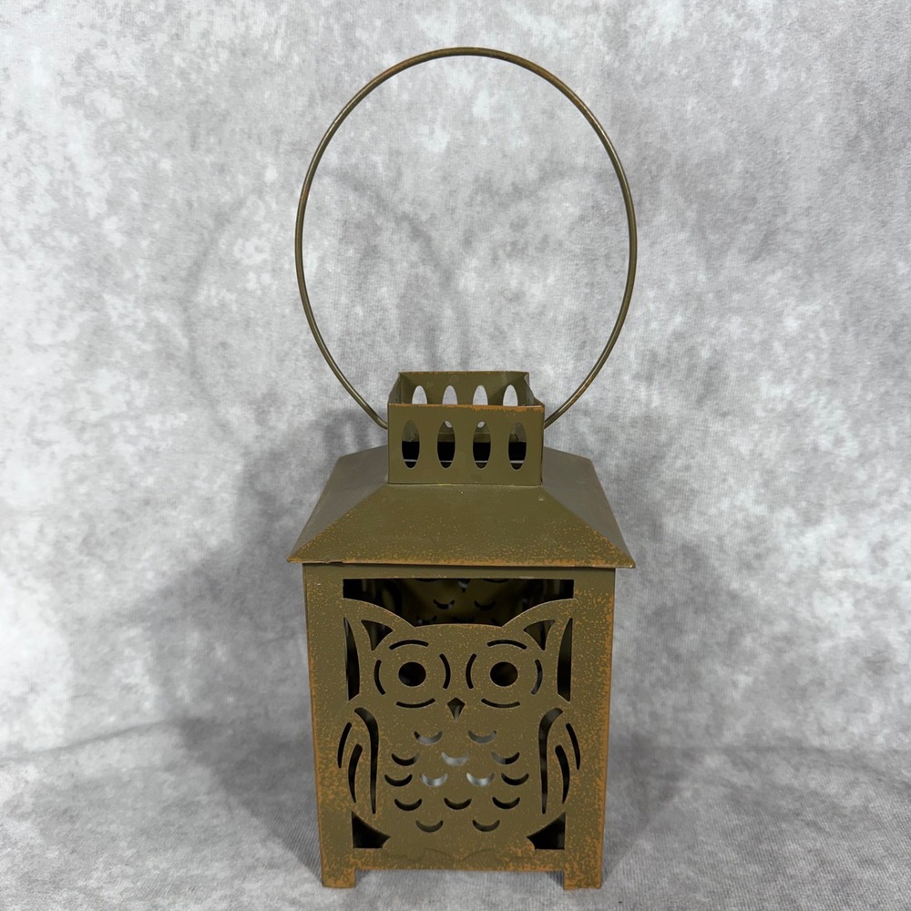 Vtg 90s Y2K‎ Rustic Metal Owl Lantern Tealight Distressed Bronze Hanging Decor